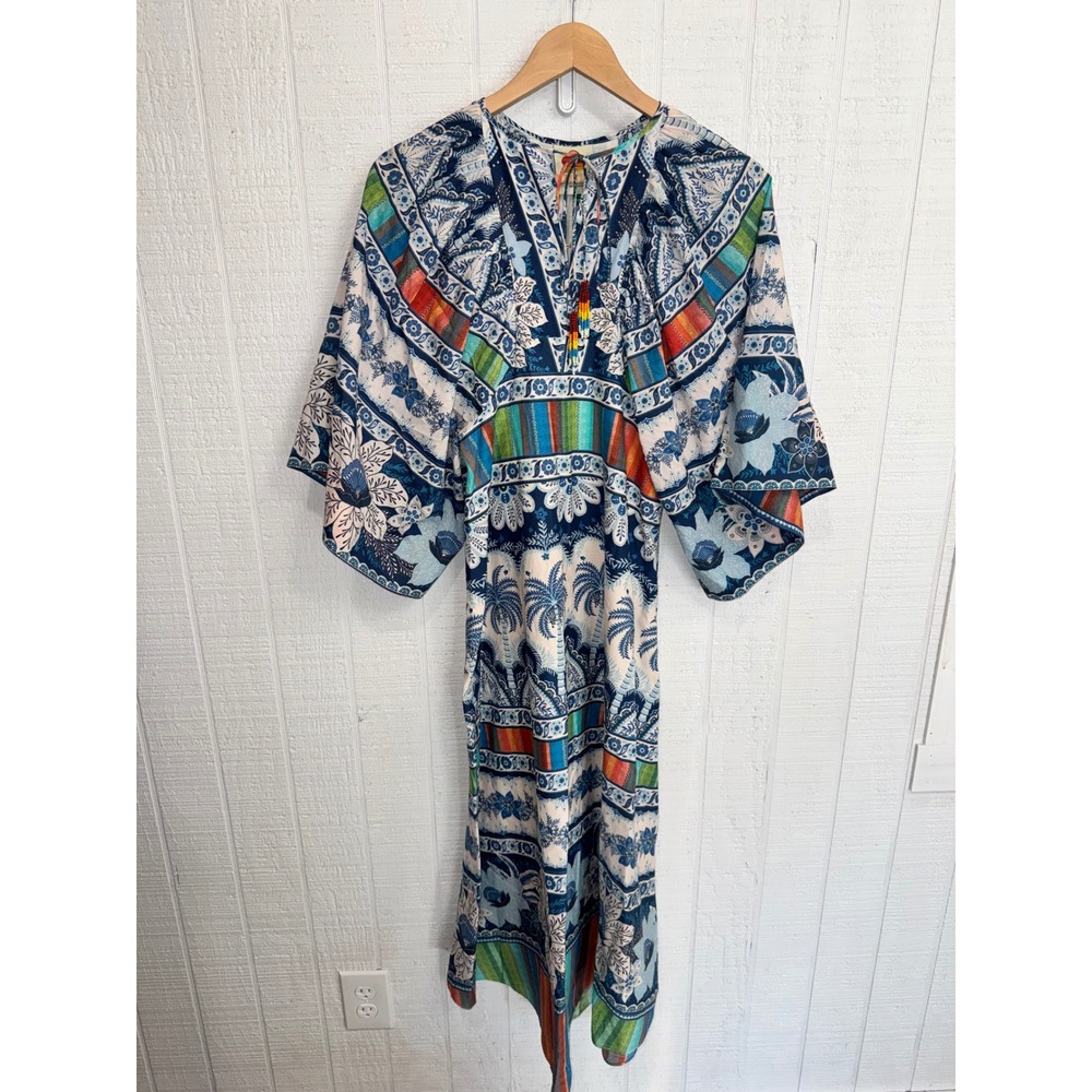 Farm Rio Midi Dress Women Blue Tropical Palm Print Beaded Tassel XS